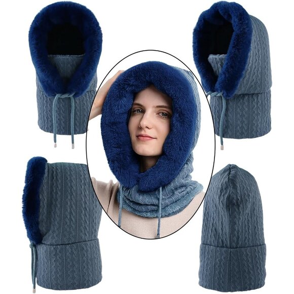 Women Navy Polyester Warm Thick Fluff Beanie Adult Neck Face Winter Balaclava - Picture 3 of 7